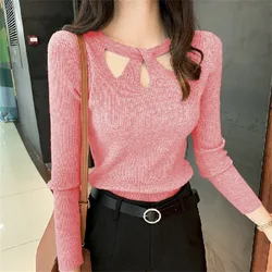 Autumn Winter Ribber Knitted T Shirts Women Green Spring Hollow Out White Basic Long Sleeve Tops Lady Casual Tees