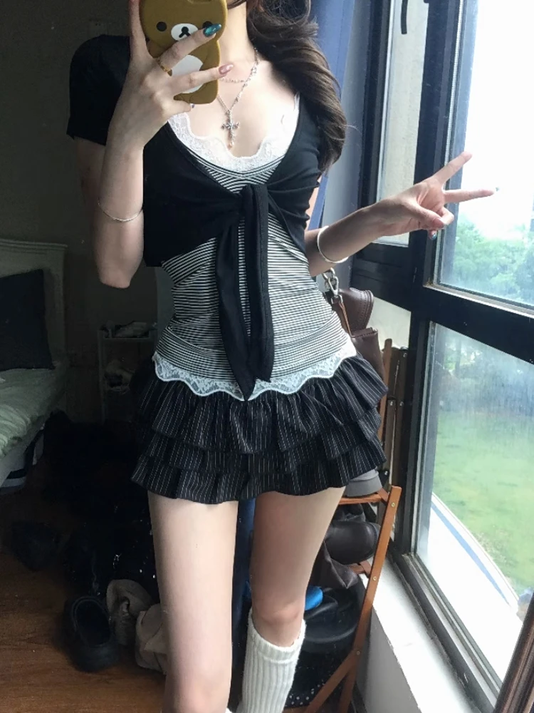 Genayooa Japanische Y2k Zweiteilige Oberteile für Damen, kurzärmelig, schmal geschnitten, mit Schnürung, gestreift, Camis-Tops, koreanischer Stil, T-Shirts, Fairycore – Detail 6