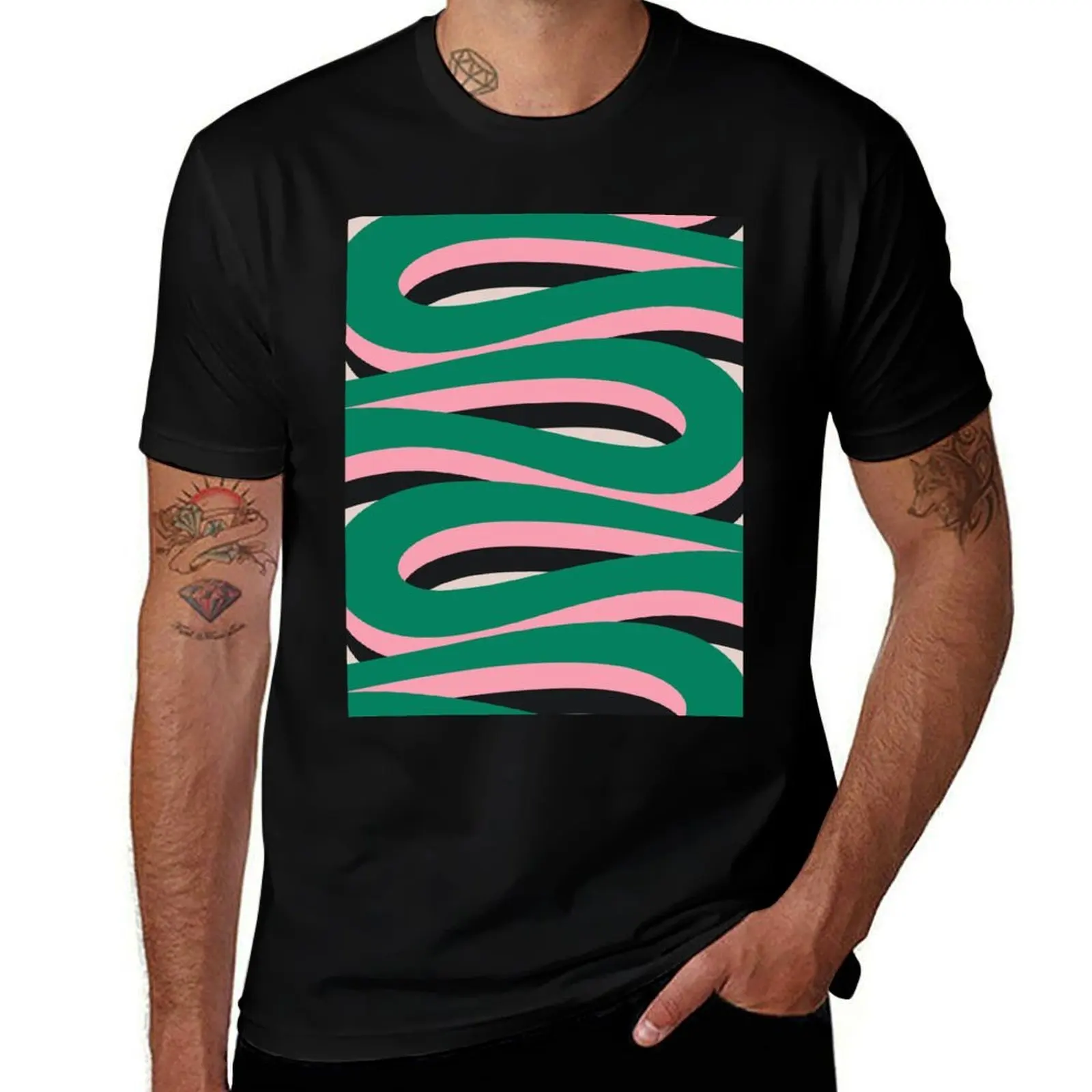 

Pop Swirl Wavy Abstract Line Pattern Green Pink Black T-Shirt vintage graphic tee man t shirt blanks shirts graphic tee men