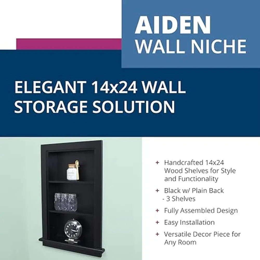 Aiden Recessed Wall Niche Medicine Cabinet with 2 Shelves Bathroom and Hallway. Handmade Wood Insert Shelf Mountable and Sturdy.