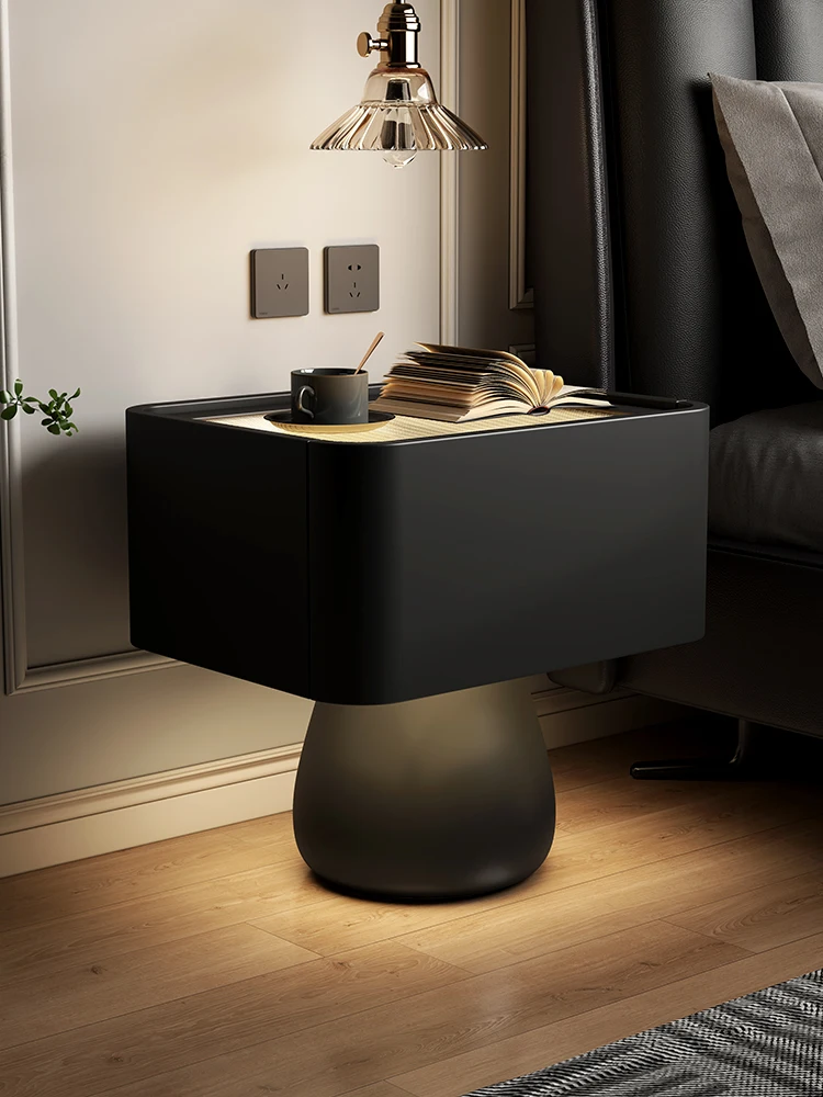 talian minimalist, light luxury, high-end feeling, black intelligent bedside table minimalist, modern bedroom edge cabinet