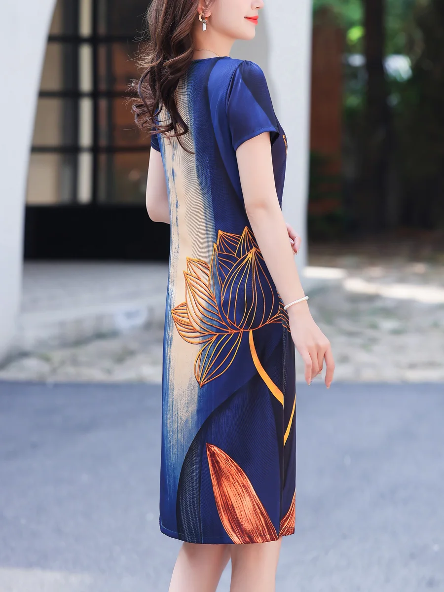 Summer 2024 Silk angan Dr Floral Print Mommy Clothes Middle-Aged And ly Women's Loose Waist V-Ne A-Line Long Dr