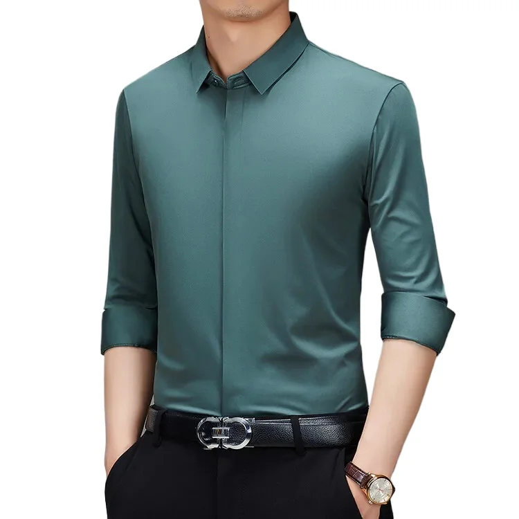 High Quality Traceless Process Men's Seamless Shirt Without Pilling or Fading  Versatile Men's Hide Button Shirt