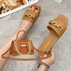 New Women Metal Chain Slippers Summer Flat-bottomed Non-slip Beach Shoes Women's shoes Fashion Chain Small Bag Messenger Bag Set