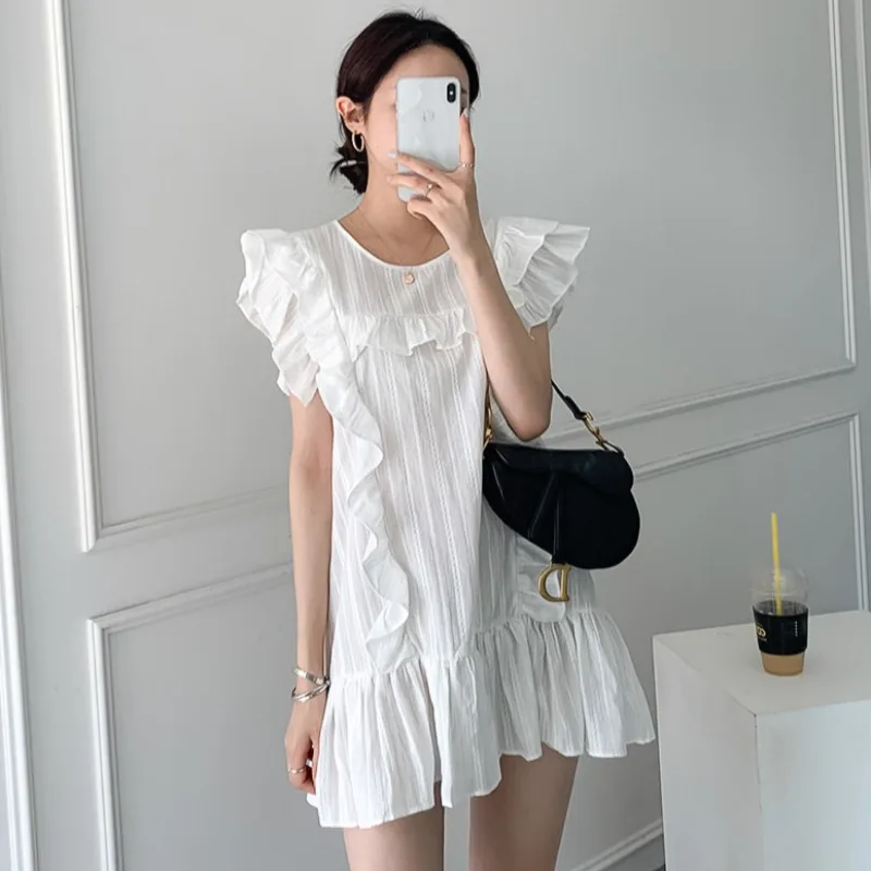 Chic été ort ample femmes Dr avec dentelle garniture Design coréen Sle rond Ne Fly Sve couleur Pure trajet Dr