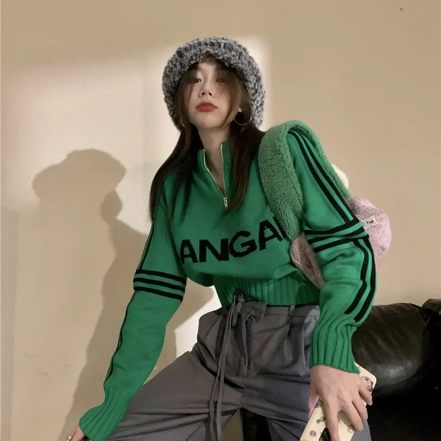 Green Cropped High-Waisted Knit Sweater Top Autumn/Winter Color Blocking Stripes Base Layer Zipper-Up Stand Collar Women's