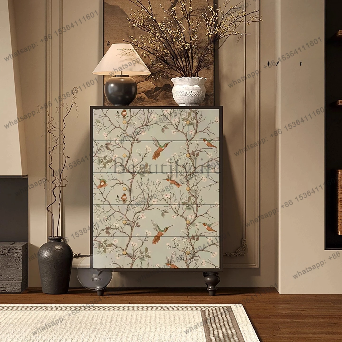 

Французский средневековый сундук из цельного дерева с цветами и птицами, многофункциональный шкафчик для гостиной у стены, шкаф с ящиком, окрашенный