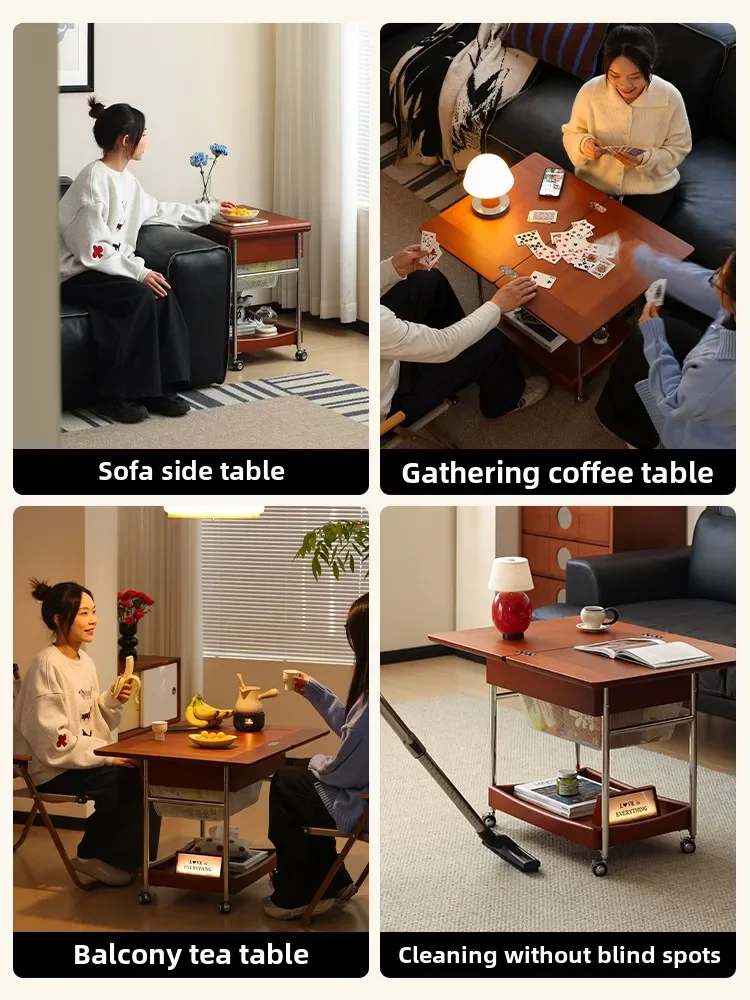 retro solid wood folding coffee table removable trolley folding edge living room tea table