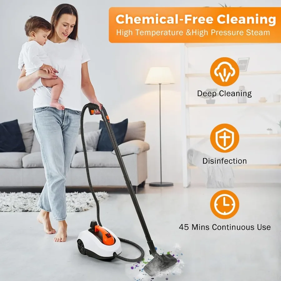 High Pressure Electric Steam Cleaner with Rolling Design for Multi-Purpose Home Use Including Carpet Upholstery Floor and Car D