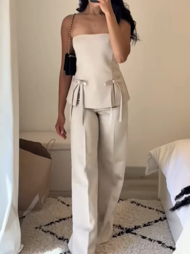 

White Satin Strapless Bow Vest Suit Casual High Waist Wide Leg Pants Set For Women 2025 Lady Summer Holiday High Street Outfit