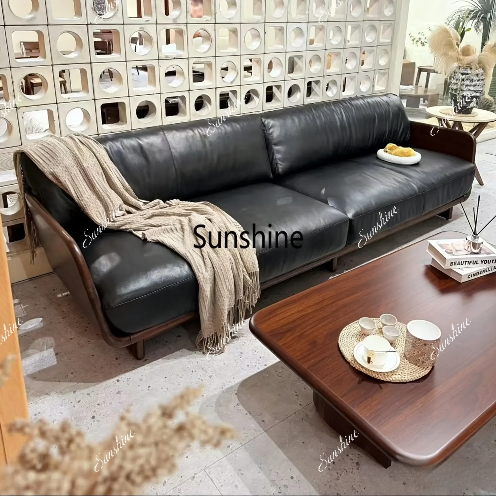 New Chinese black leather straight row solid wood sofa