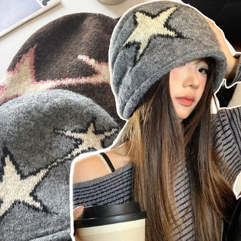 

Y2K Star Pattern Beret for Women Girls Winter Warm Knitted Hat Thicken Elastic Ear Protection Skull Vintage Beanie Caps Outdoor