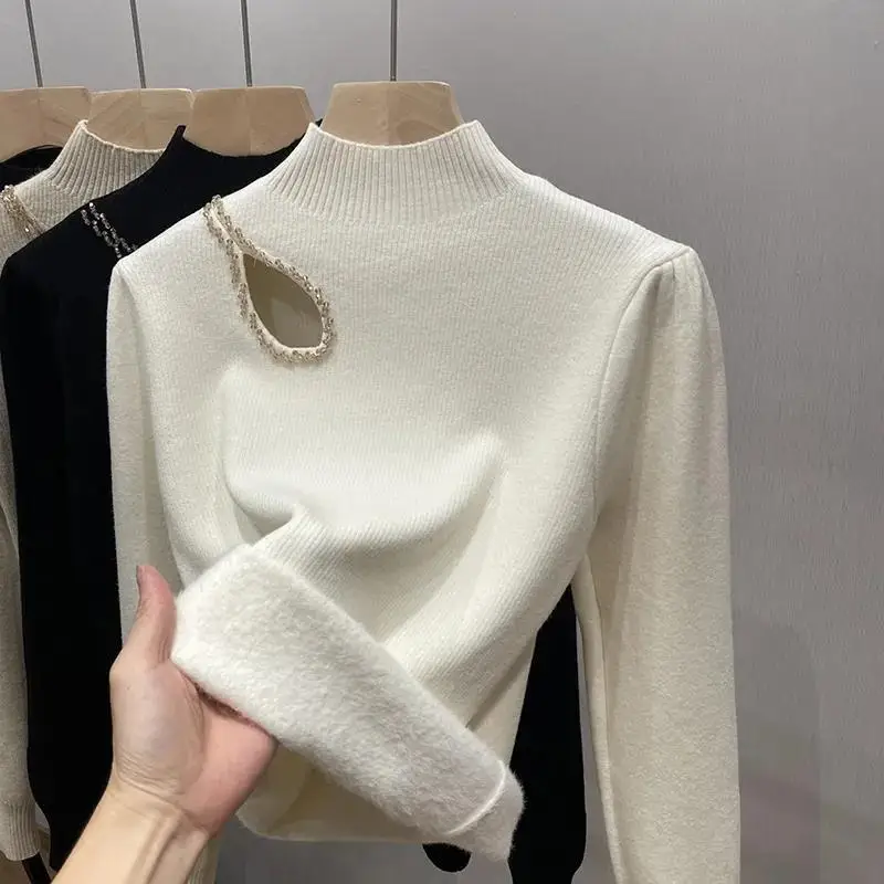 Suéter de cuello alto de terciopelo grueso para mujer, moda coreana forrada, suéter de punto cálido, Top Delgado, Jersey de punto, Jersey de invierno