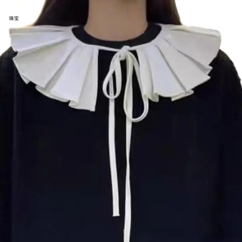 

X5QE Women Fake Collar Shawl Pleated Ruffle Solid Color Half Shirt Capelet Poncho