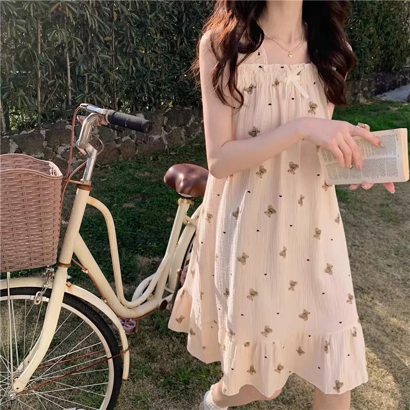 

Summer Cotton Nightgown Women's Thin Pure Cotton Strapl Cartoon Cute Student Svel Dr Home Clothes Summer Dr
