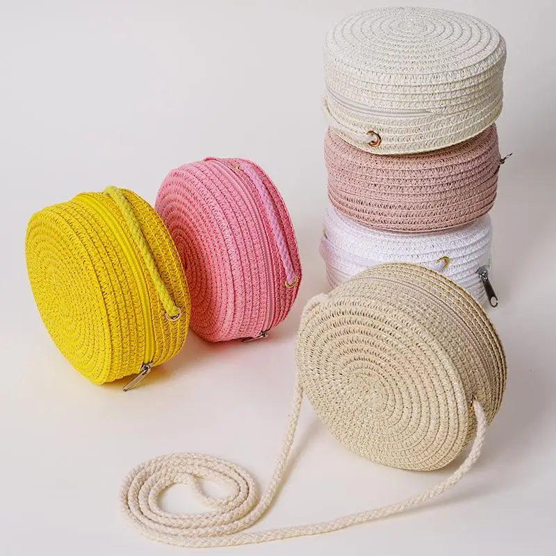 Lightweight Portable Round Straw Shoulder Bag 1Pcs Minimalist Women Crossbody Handbag for Hiking Travel Beach Outing