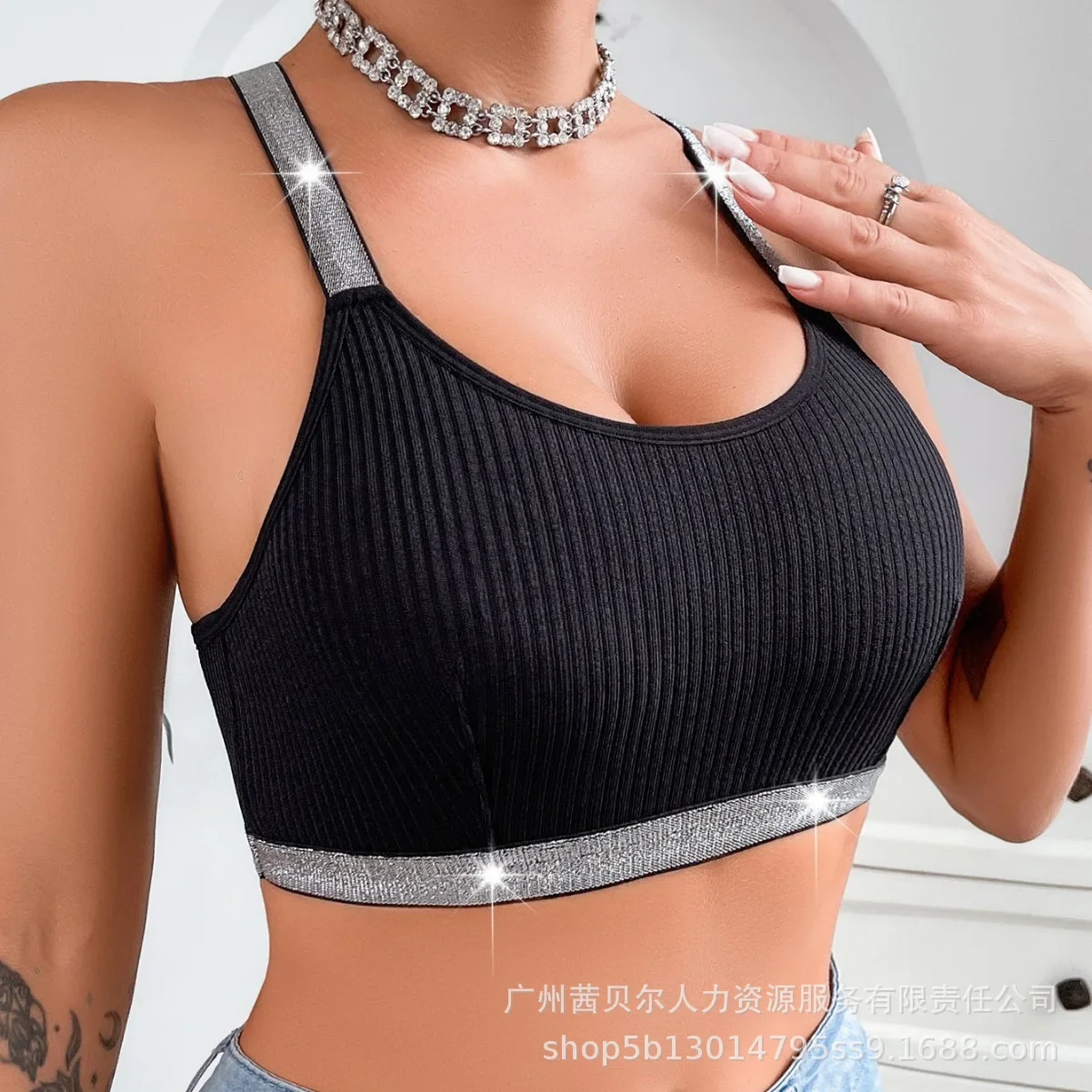 여성 섹시한 U 넥 반짝이 스파게티 스트랩 Bralette 패딩 캐미솔 브라 탑 탱크