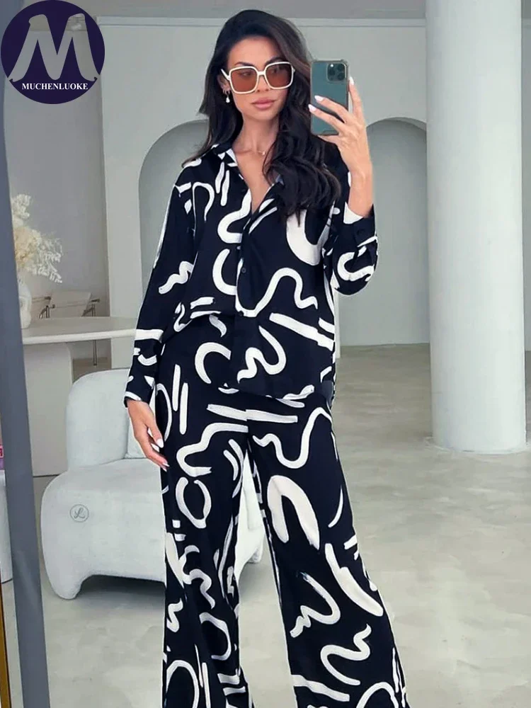 2 Piece Sets Women Outfit Spring Summer New Fashion Printed Long Sleeves Tops Suits Casual Loose Women\'s Home Wide Leg Pant Set