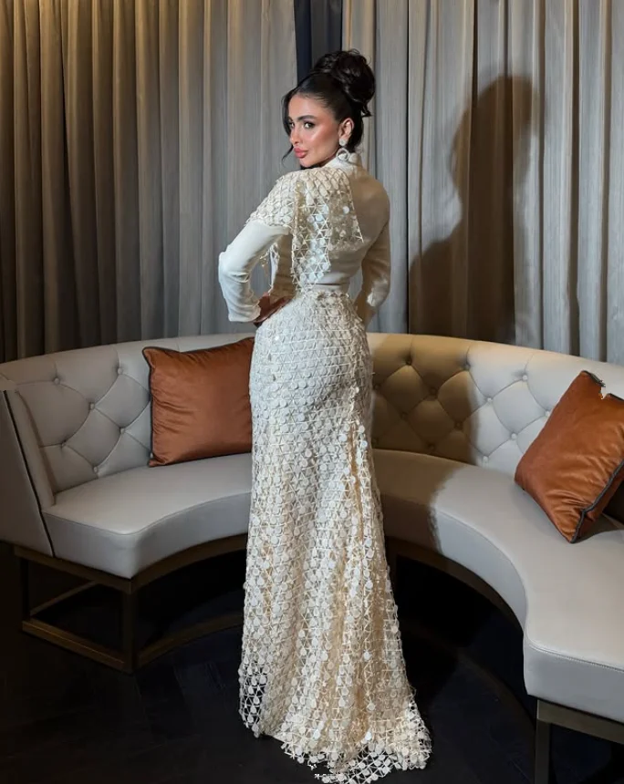 فساتين سهرة عربية سعودية بأكمام طويلة Crocet دانتيل وصمة عار حورية البحر V-nekc مخصصة جيرسي فستان حفلات مخصص