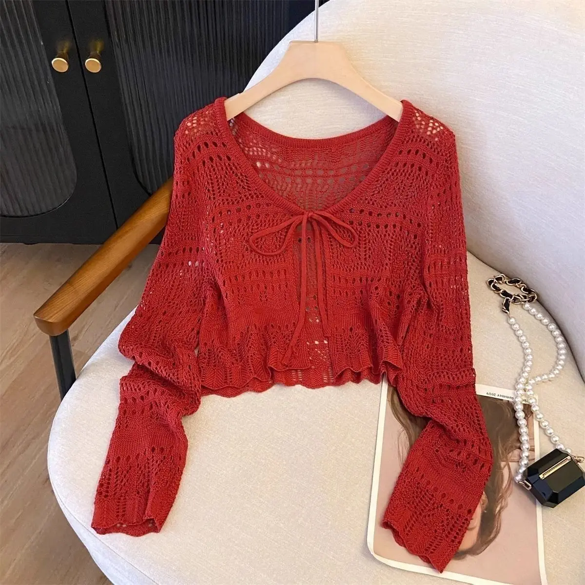 Damen Strick-Cardigan mit langen Ärmeln und UV-Schutz, sexy Hohlstrick-Jacke mit Schnürung, V-Ausschnitt, vielseitiger Schal-Top für den Sommer 2026 – Detail 4
