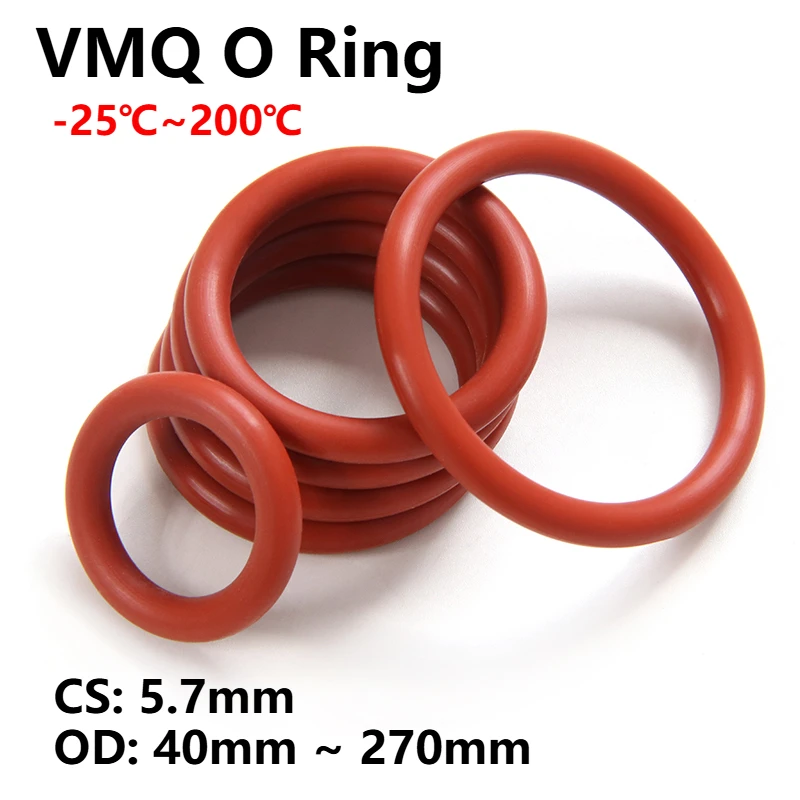 

5pcs Red VMQ O Ring Seal Gasket Thickness CS 5.7mm OD 40 ~ 270mm Silicone Rubber Insulated Waterproof Washer Round Shape Nontoxi