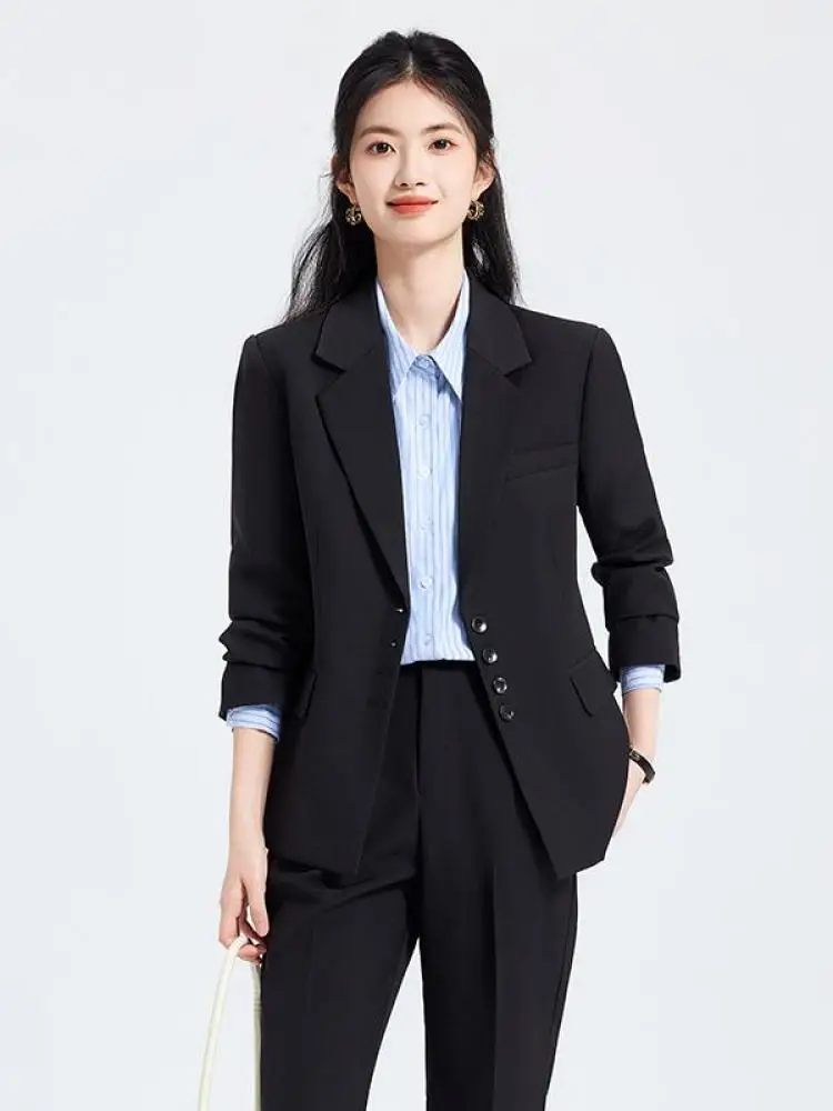 

Autumn Winter Women 2025 New Black Grey Elegant Office Work Wear Long Sleeves Blazers Coat + Professional Trousers Two-piece Set