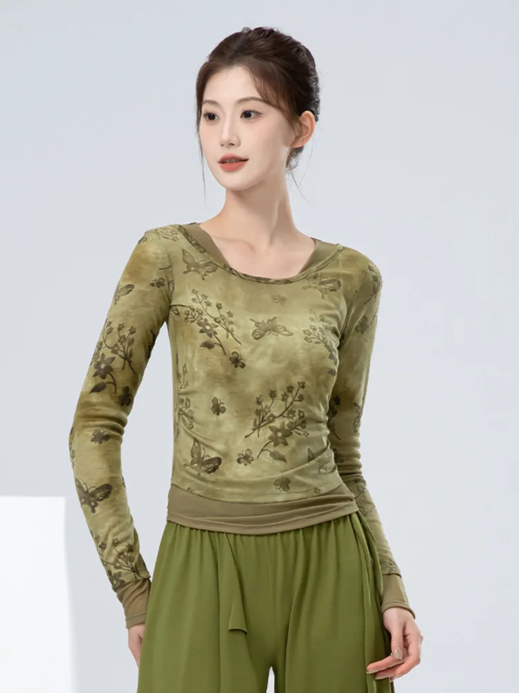 Top da ballo slim fit a maniche lunghe in rete con collo quadrato tie-dye – Camicia moderna per spettacoli teatrali con pannelli trasparenti da donna