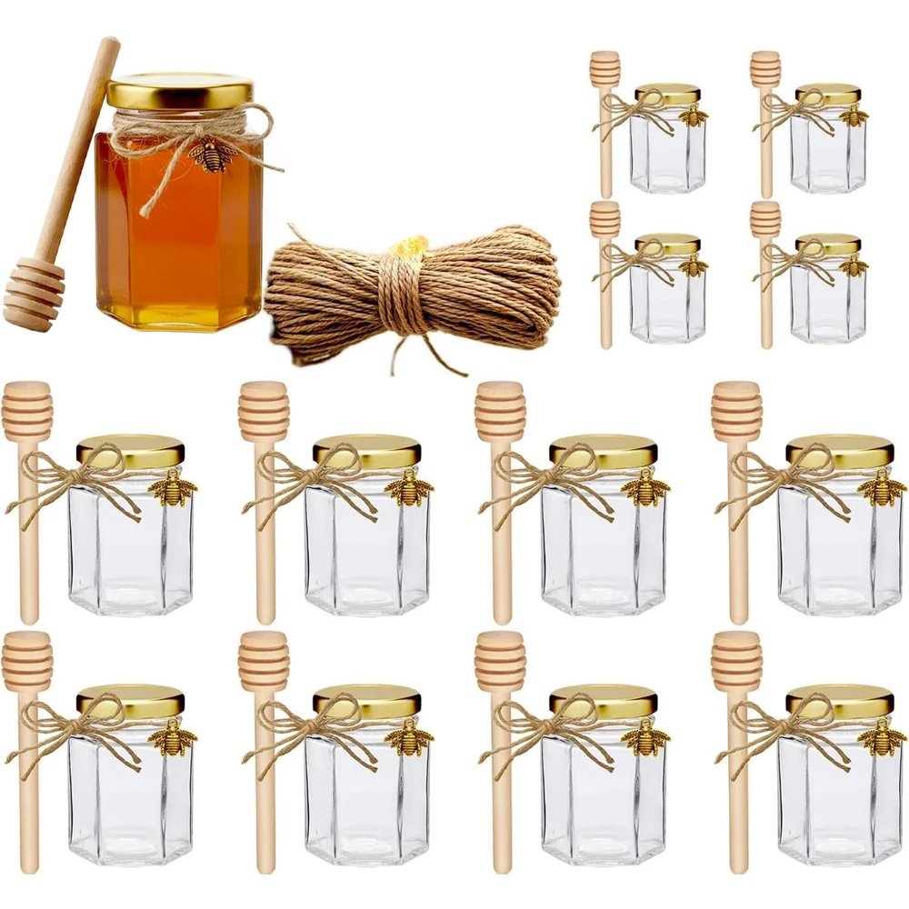 Hexagonal Honey Jars Glass Honey Jars with Gold Lids Wooden Dippers Bee Charms and Jutes - Hexagon Jars for Baby Shower, Wedding