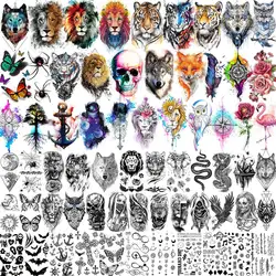 66 Sheets 3D Watercolor Animals Owl Lion Temporary Tattoos For Women Men Adult, Black Wolf Tiger Fake Tattoo Sticker Snake Eagle