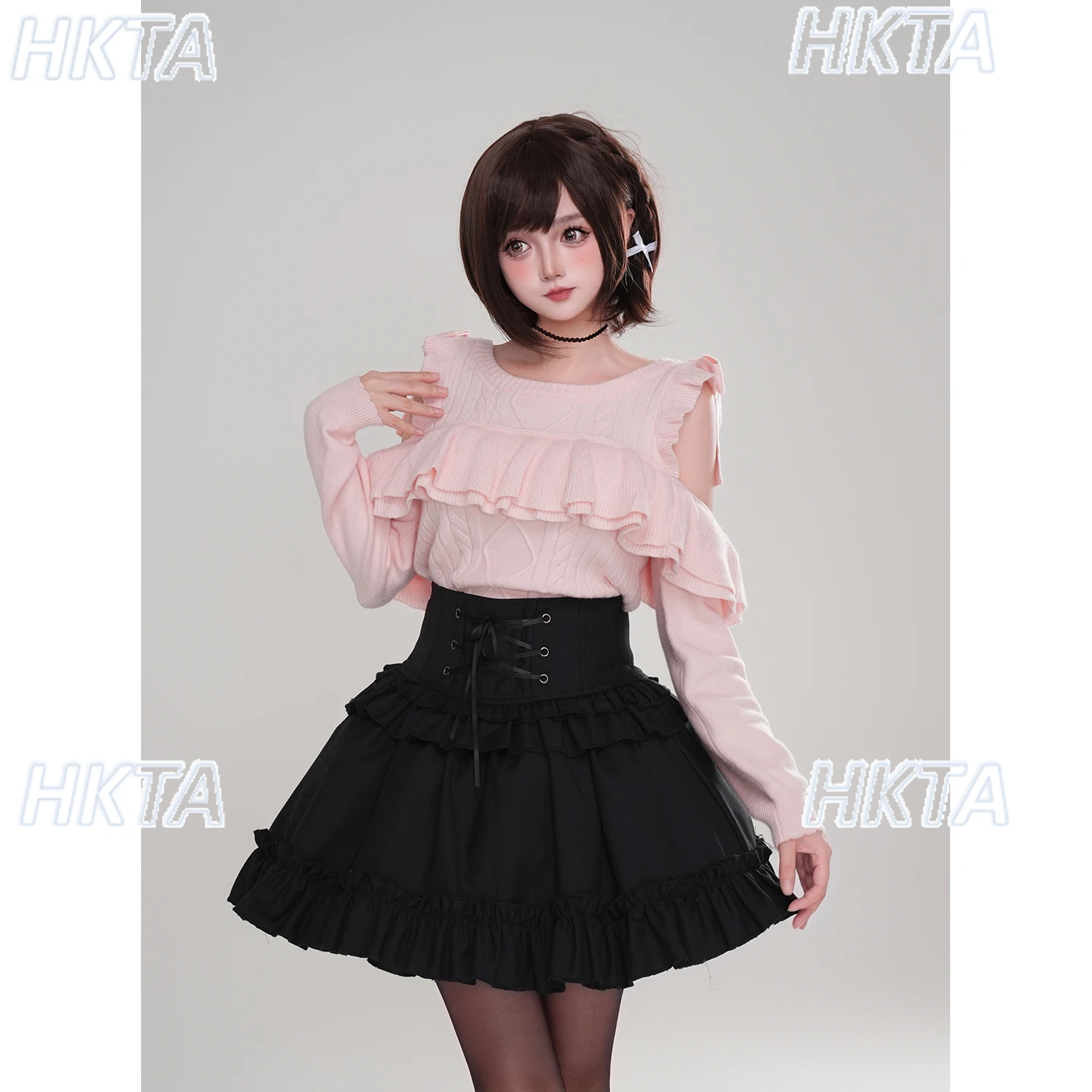 Japonês doce lolita arco fungo borda manga longa fino camisola de malha casaco cintura fina bolo uma linha preto mini saias define feminino
