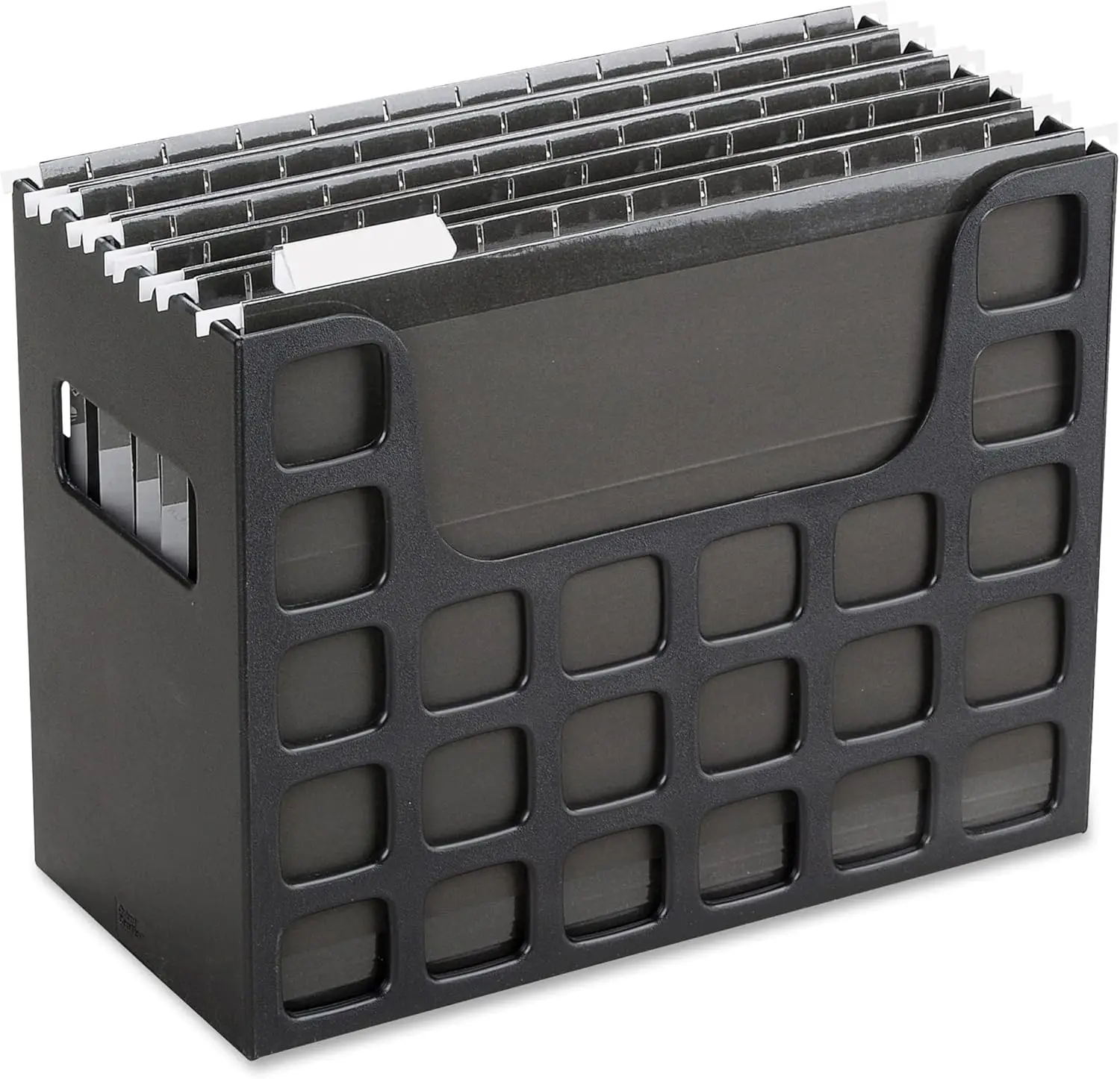 

Home and office file organizer, plastic, side handle, hanging folder, labels and inserts, 9-1/2 x 12-3/16 x 6 inches.