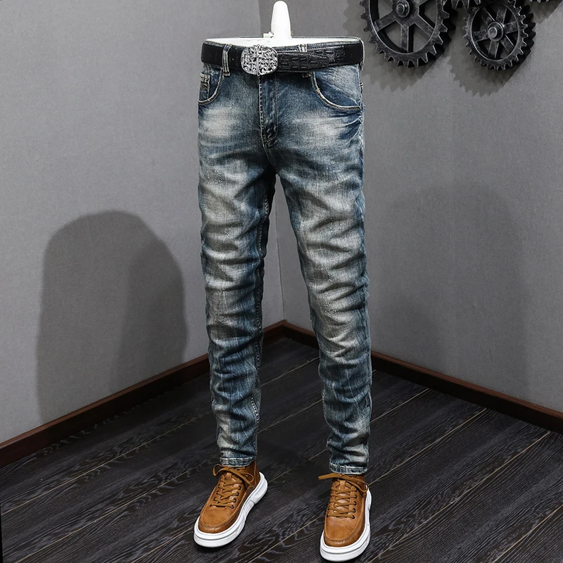 Fashion Designer Men Jeans High Quality Retro Washed Blue Stretch Slim Fit Ripped Jeans Men Vintage Casual Denim Pants Hombre
