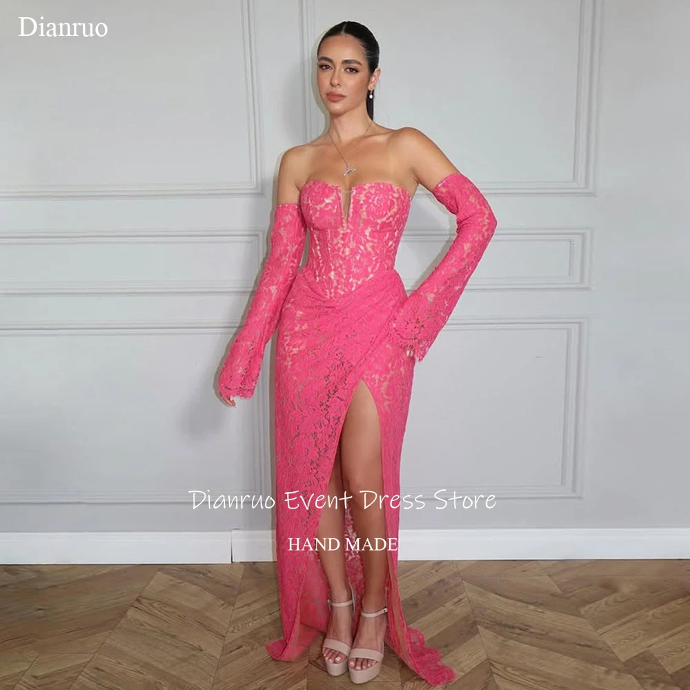 

Dianruo Lace Long Length Evening Dresses Sleeveless Handmade Vestido Festa Appliques High Slit Vestidos Elegantes Customized