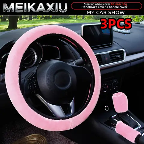Winter Warm Plush Steering Wheel Cover Black & Pink Women's Style Car Accessory No Inner Ring Handbrake Or Gearshift Included