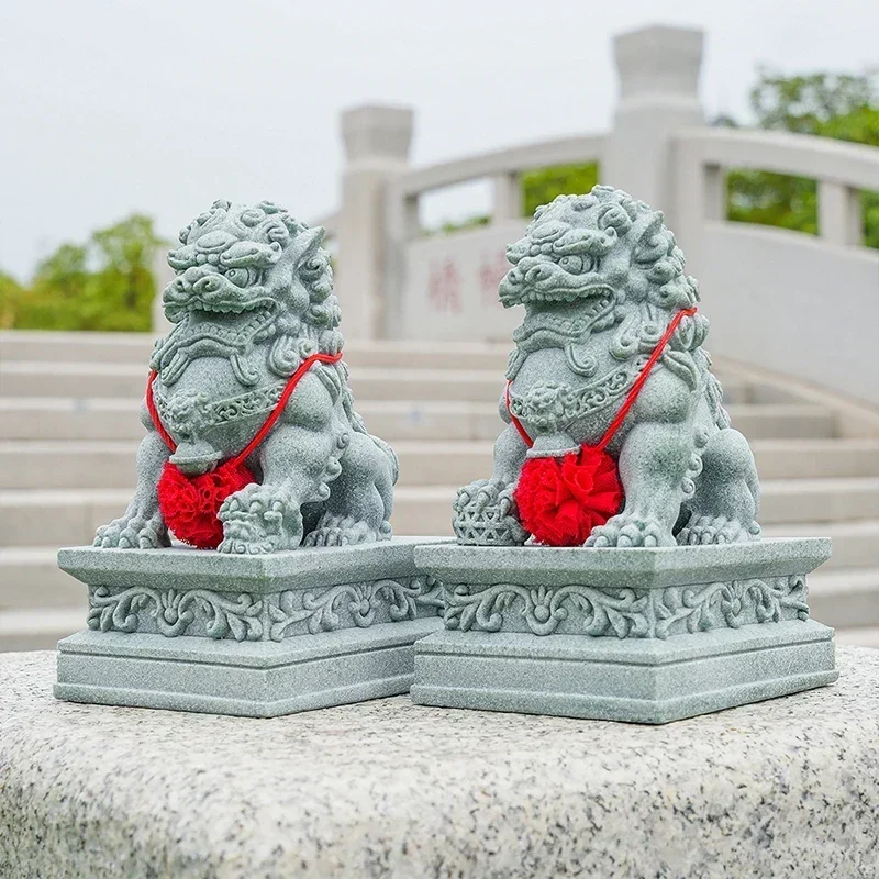 Fu Foo Dog Pair Guardian Stone Lion Statues Chinese Feng Shui Decorative Figurines Home Living Room Bar Cafe Decor Desk Ornament