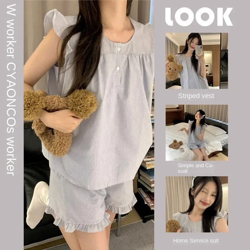 

Girl Striped Pajamas Women Sleepwear Sleeveless Shorts Thin Section Small Fly Sleeve Sweet Homewear Ladies Nightwear Loungewear
