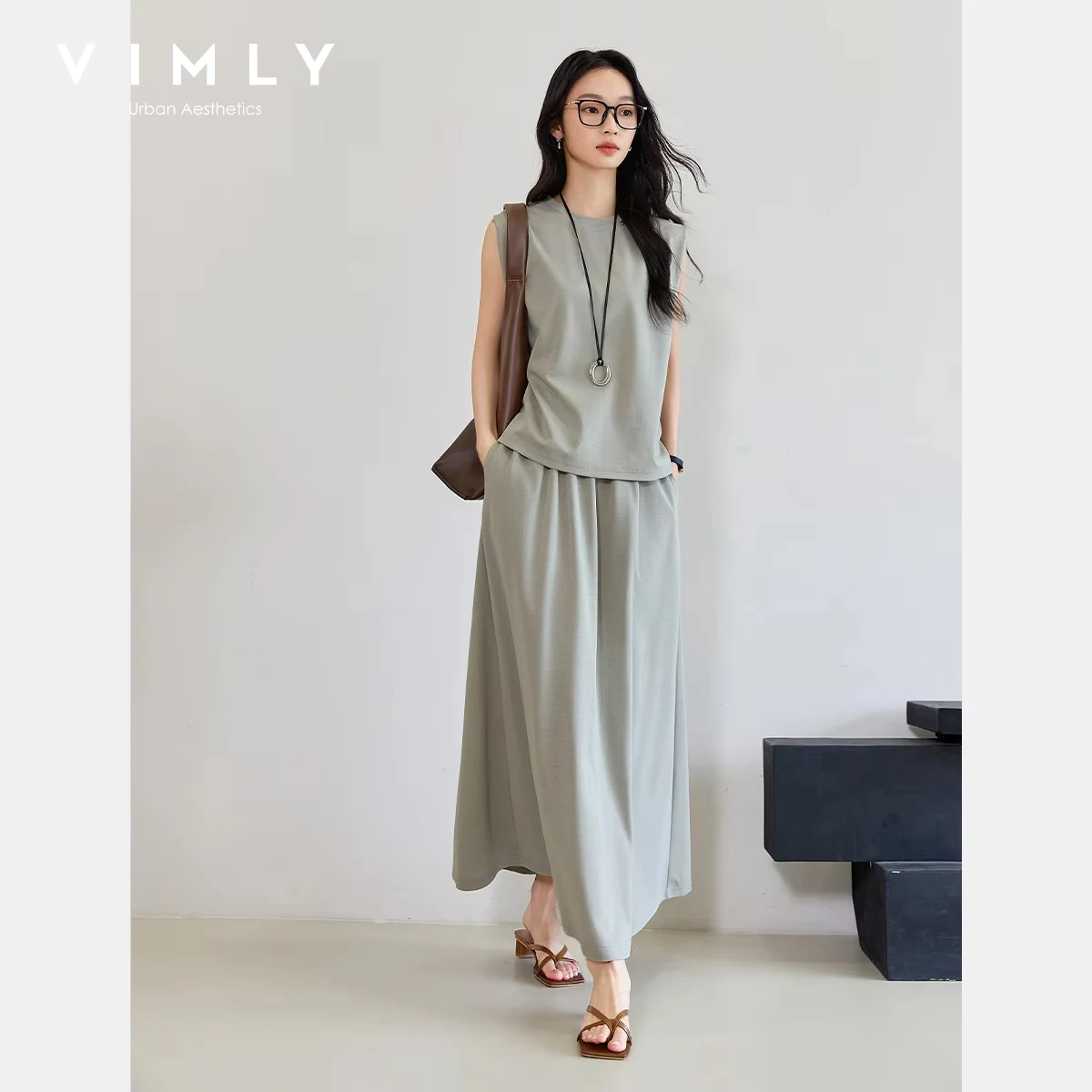 

VIMLY Women's Summer Skirt Set Two Piece Casual Outfits Woman Sleeveless Tank Top Elastic Waist Skirt 2026 Lady Skirt Suit M9823