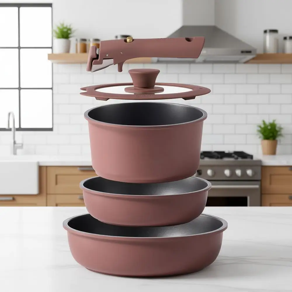 

Набор посуды из 5 предметов с антипригарным покрытием и съемными ручками, подходит для автодомов, совместим с индукционными плитами, можно использовать в духовке