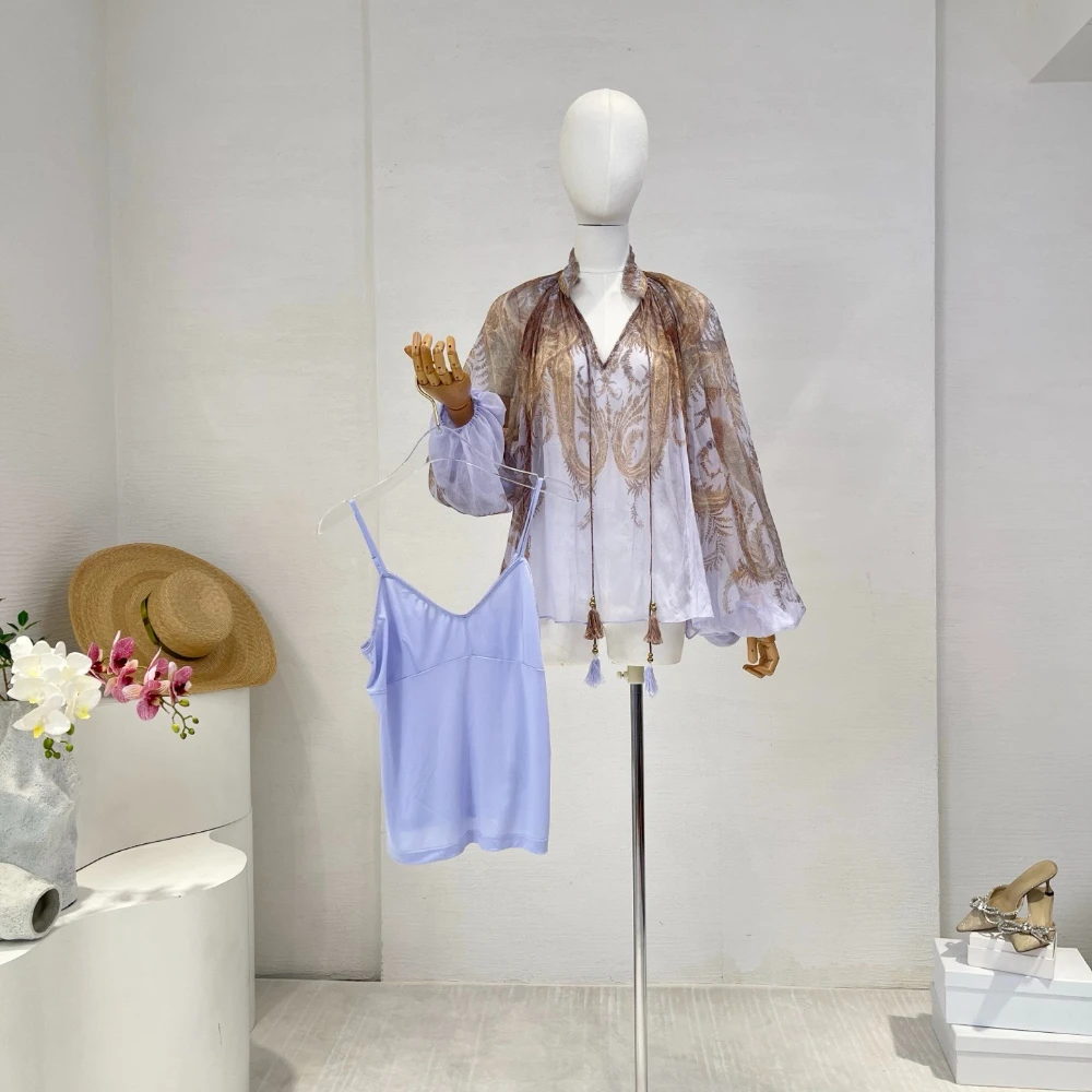 

2025 Summer New Paisley Print Long-sleeve Top and Short-shorts Set for Women