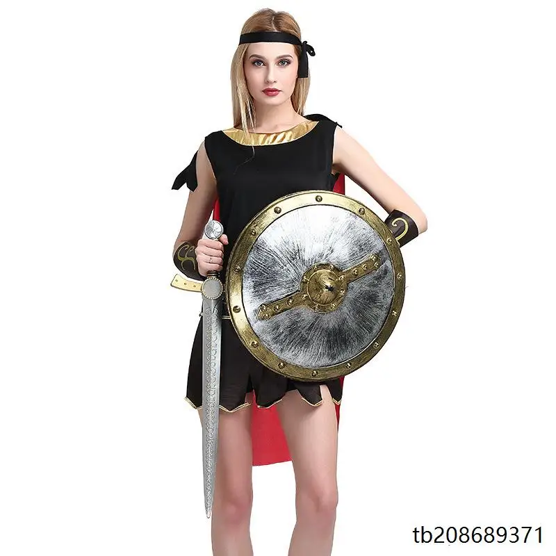 زي نسائي للهالوين على شكل محارب روماني قديم أو إسبرطي، مثالي لحفلات التنكر وإعادة تمثيل الأحداث التاريخية