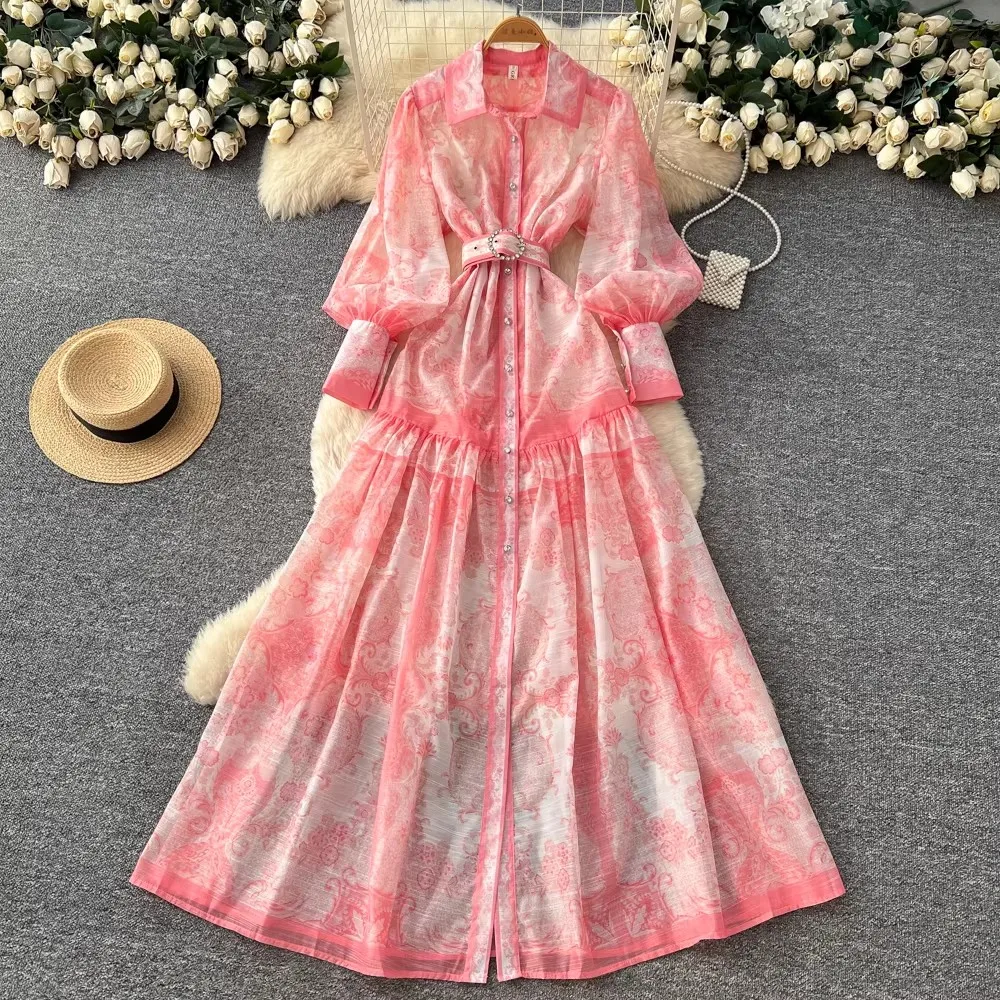 

Spring Autumn Women's Dress Vintage Long Sleeve Print Floral High Waist Boho Party Maxi Vestidos Luxury Belt Long Dresses