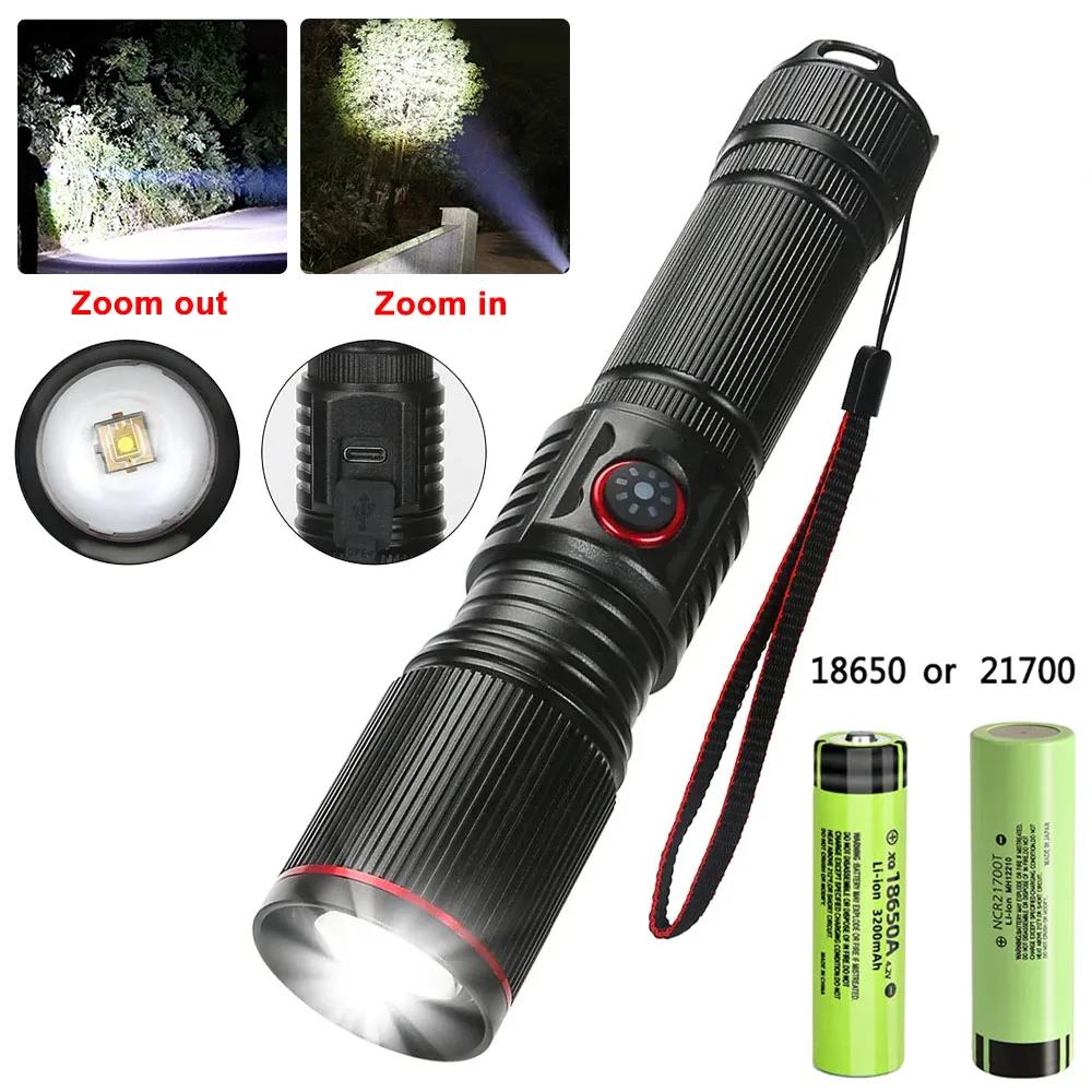 Powerful LED White Laser Flashlight 18650 or 21700 Battery Aluminum Alloy Zoom Torch Light Lamp with Tail Rope Power Indicator