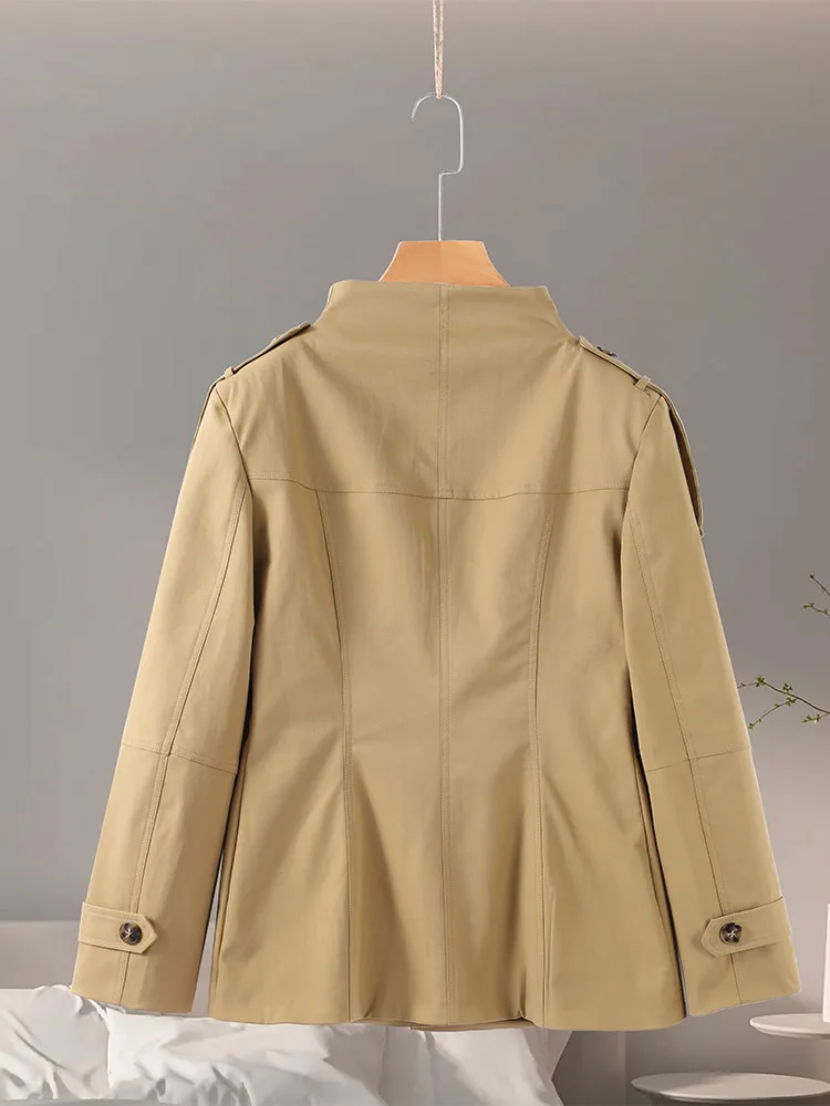 Epaulet Stehkragen Taillierter Windbreaker Damen Eleganter Langarm Einreihiger Bomber-Mantel Herbst 2025 Damen-Oberbekleidung – Detail 4