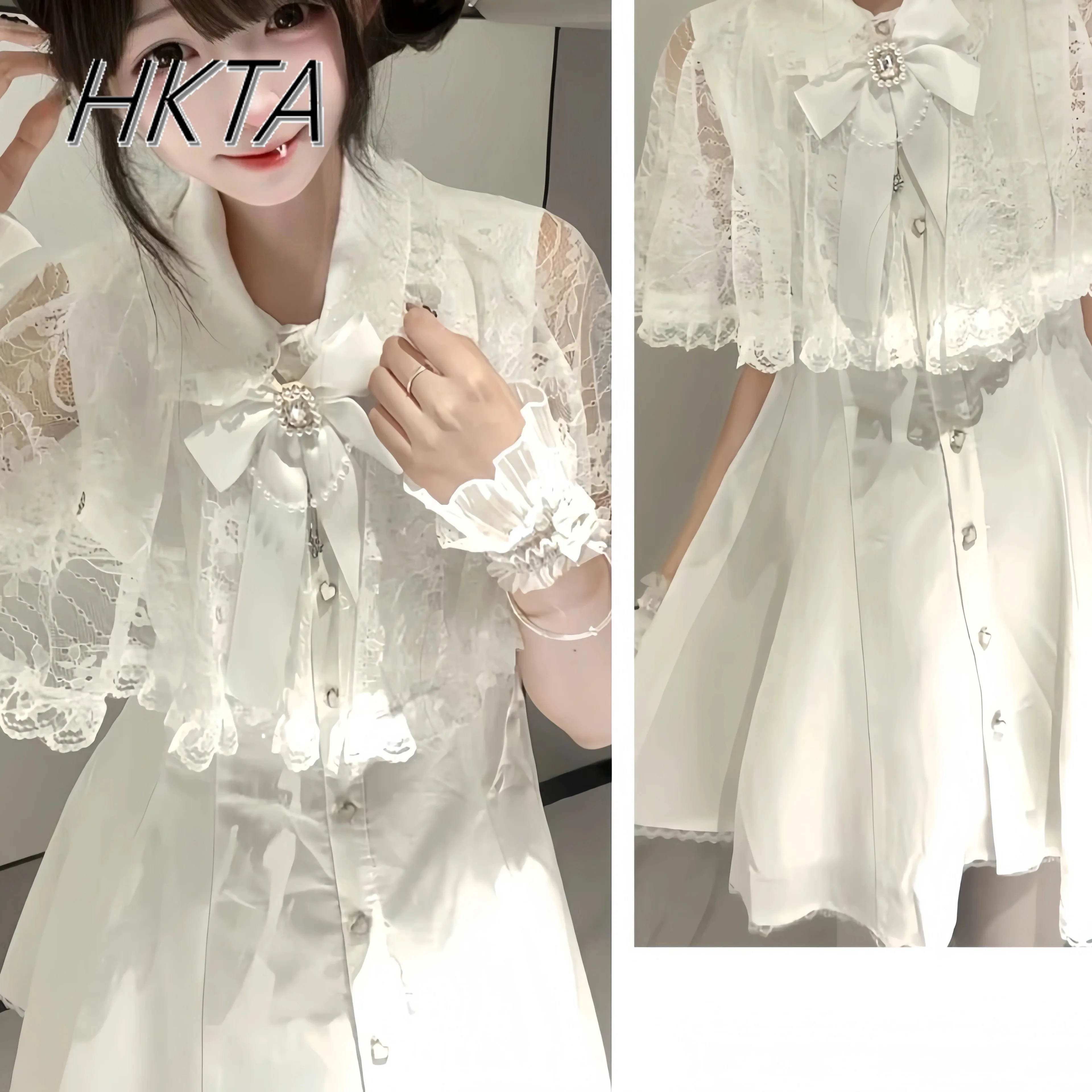 

Japanese Mine Lace Cape Dress Women's 2025 Summer New White Dress Super Fairy Lolita Sweet Bow Lace Short-sleeved Dresses