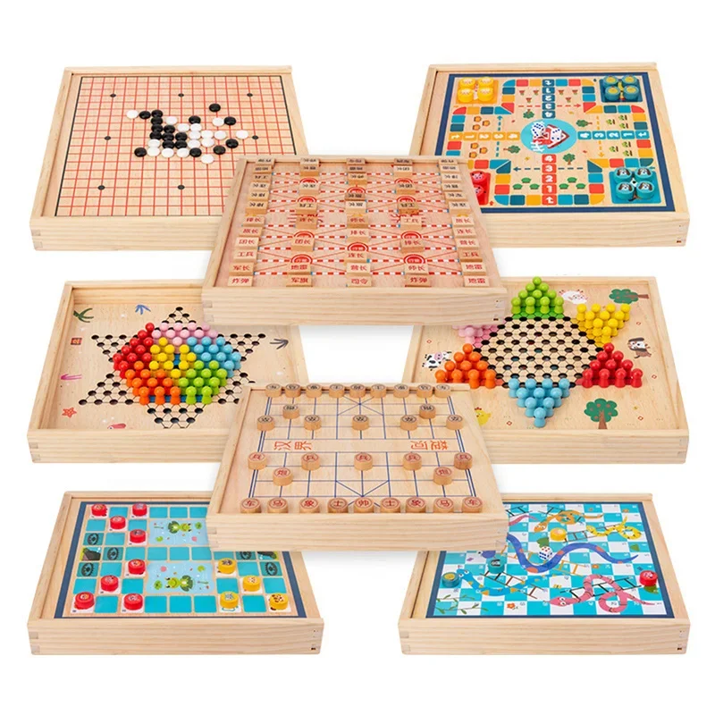 Eight In One Children\'s Multifunctional Board  Chess Wooden Flying Chess Checkers Gobang Chinese Chess Adult Parentchild Game