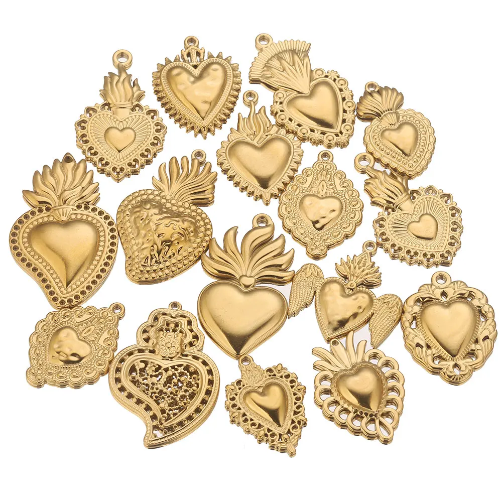 5PCS/lot Stainless Steel Gold Sacred Heart Charms Pendant for DIY Jewelry Making Earring Necklace Connector Material Wholesale image 2