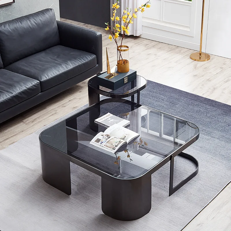 

Italian light luxury coffee table combination stainless steel square household living room modern simple tempered