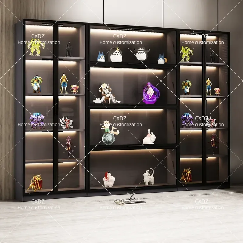 Light Luxury Glass Door Display Cabinet Custom Figure Statue Bookcase with Hydraulic Door Locker for Home Decor Storage