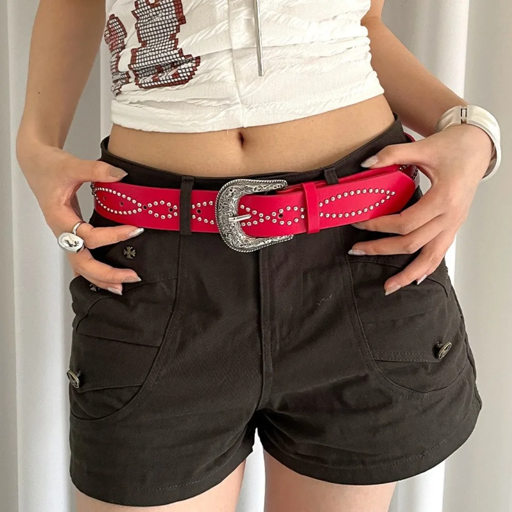 

Fashion Rhinestone Women's Belt Ethnic Style PU Leather Rivet Waist Belt Punk American Dress Jeans Belt Streetwear