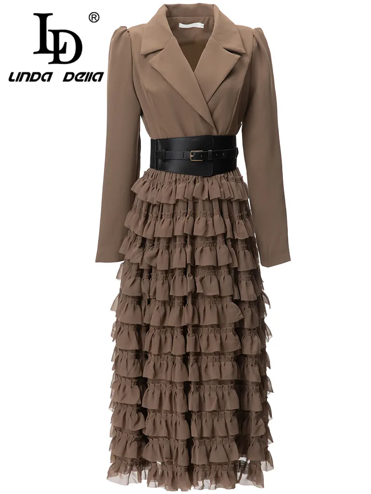 

LD LINDA DELLA 2024 luxury designer party Dresses for women khaki Lapel Belt Cascading Ruffle Splice Cake Long Dress